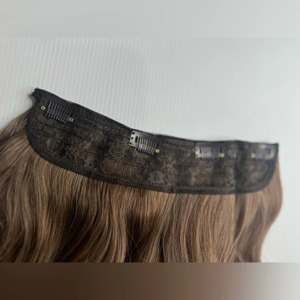 20” Human Hair Blend Clip-In Extensions – Wavy Natural Brown with Caramel Ombre